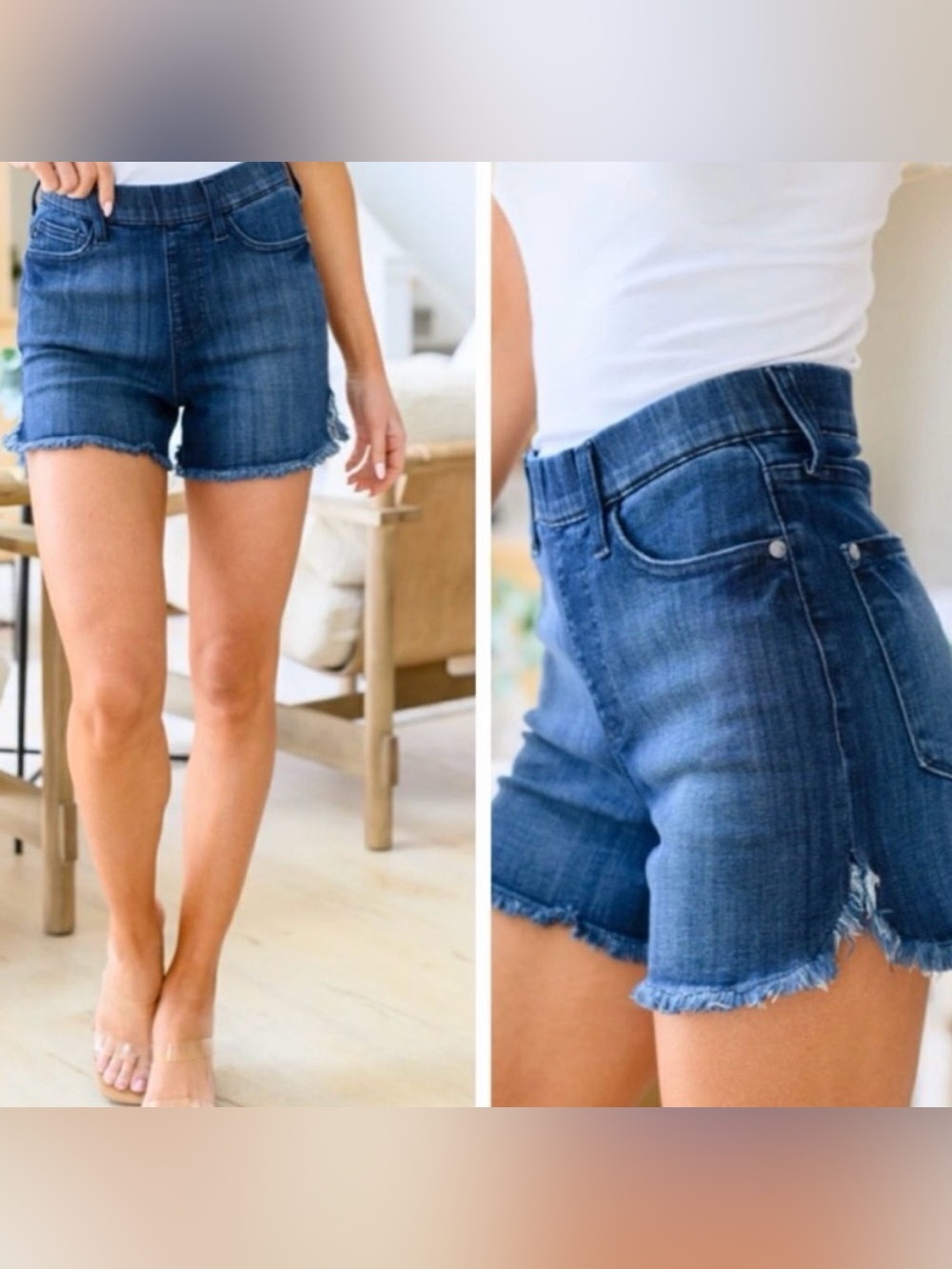 Judy Blue Dark Wash Blue Frayed Hem Pull On Mid To High Waist Denim Shorts XL - Picture 4 of 14